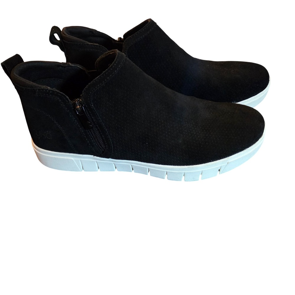 Ryka Hensley Black Suede Sneaker Ankle Boots Womens 9M Side Zip Perforated